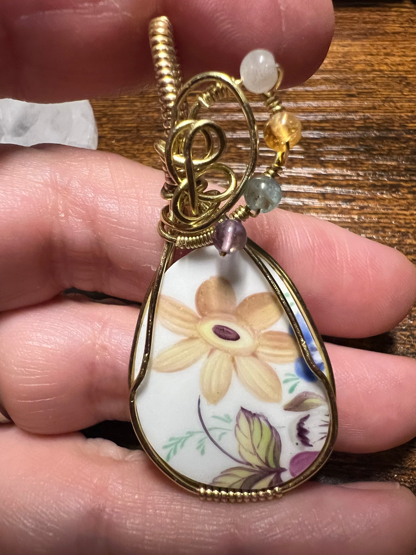 Yellow flower porcelain with tourmaline beads