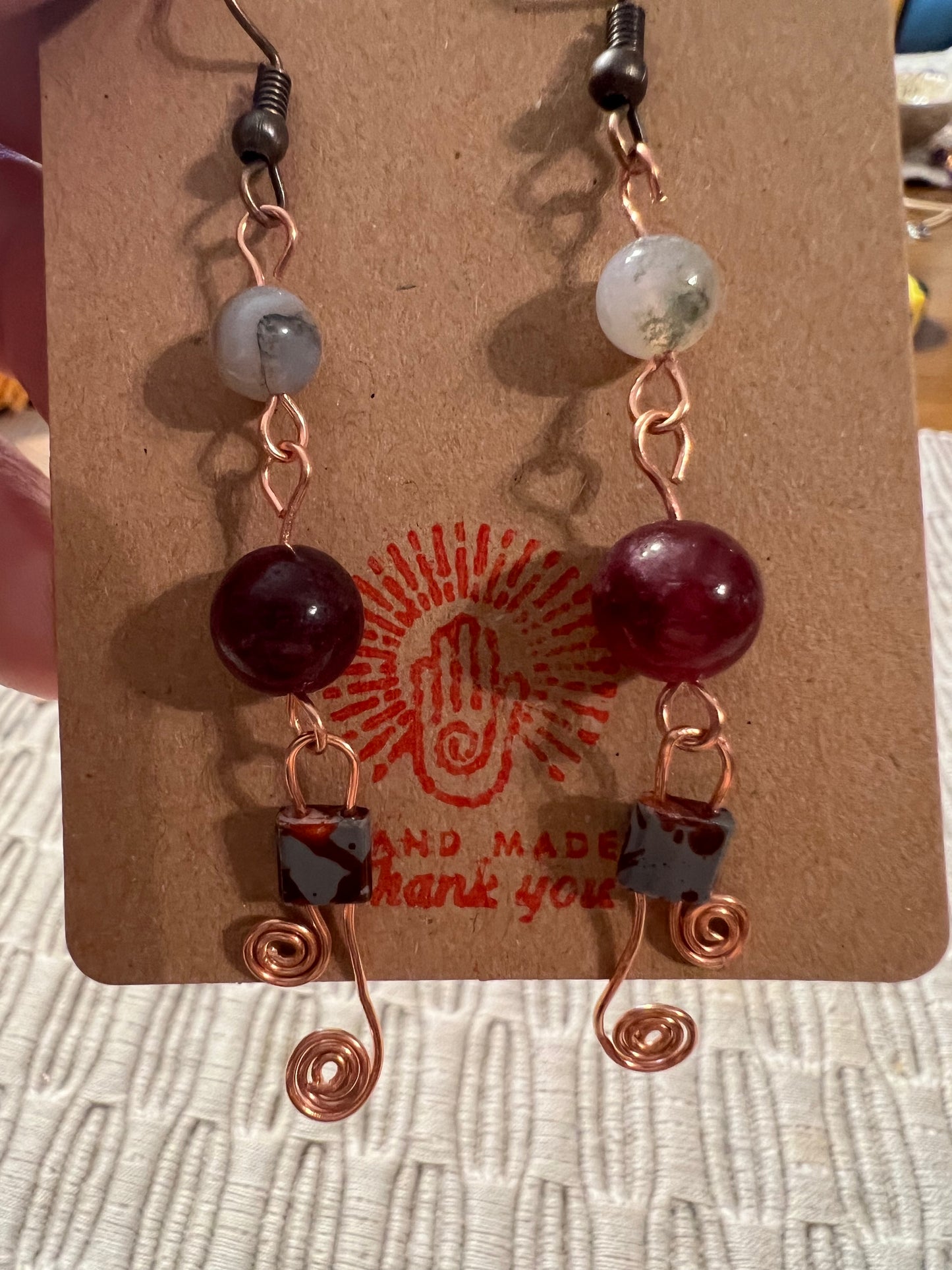 Moss agate and red garnet beaded earrings